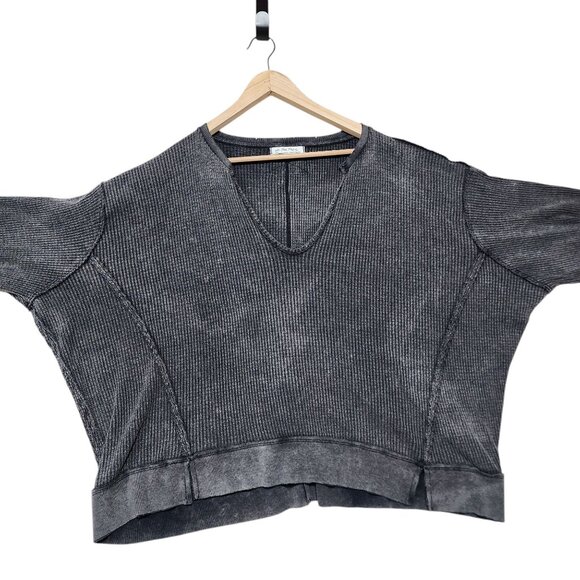 We The Free Waffle Knit Oversized Pullover Gray V-Neck Sweatshirt Medium - Picture 8 of 9